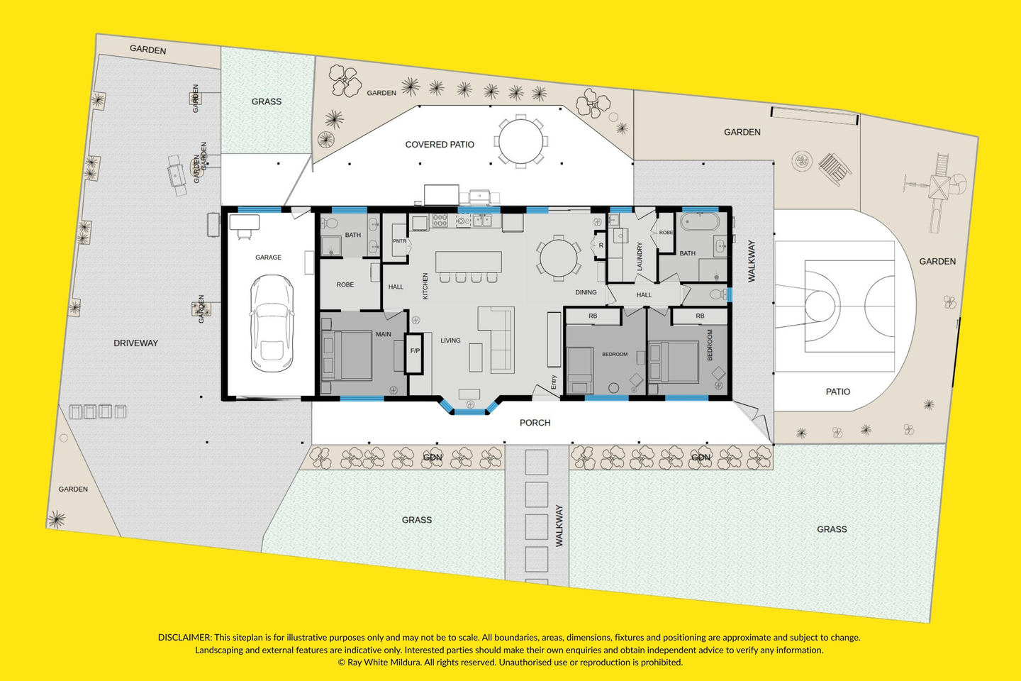 Site and floor plan of 22 Thomson Grove, showing the central living area, bedrooms, bathrooms, covered patio and half basketball court