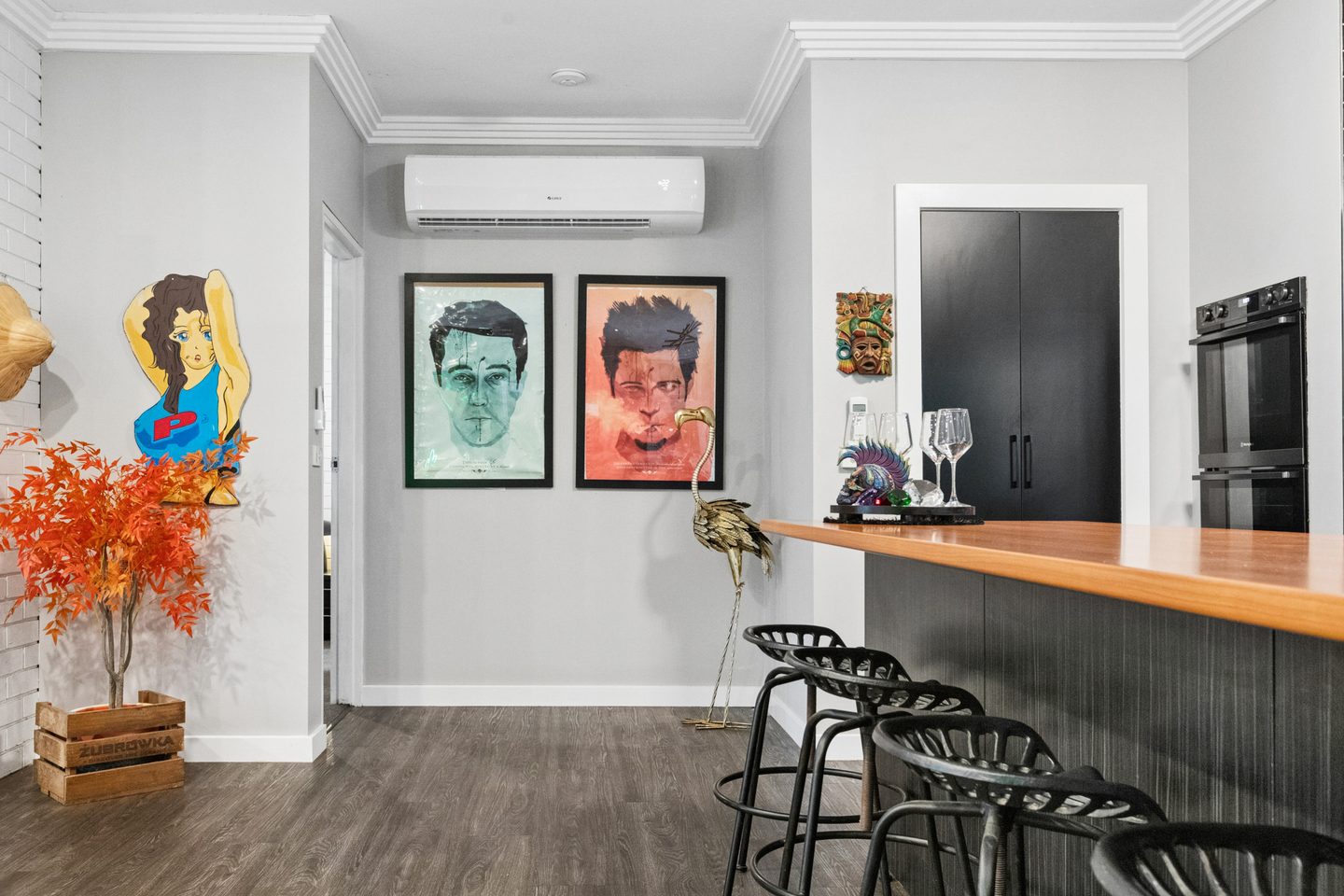Kitchen island and adjoining living space