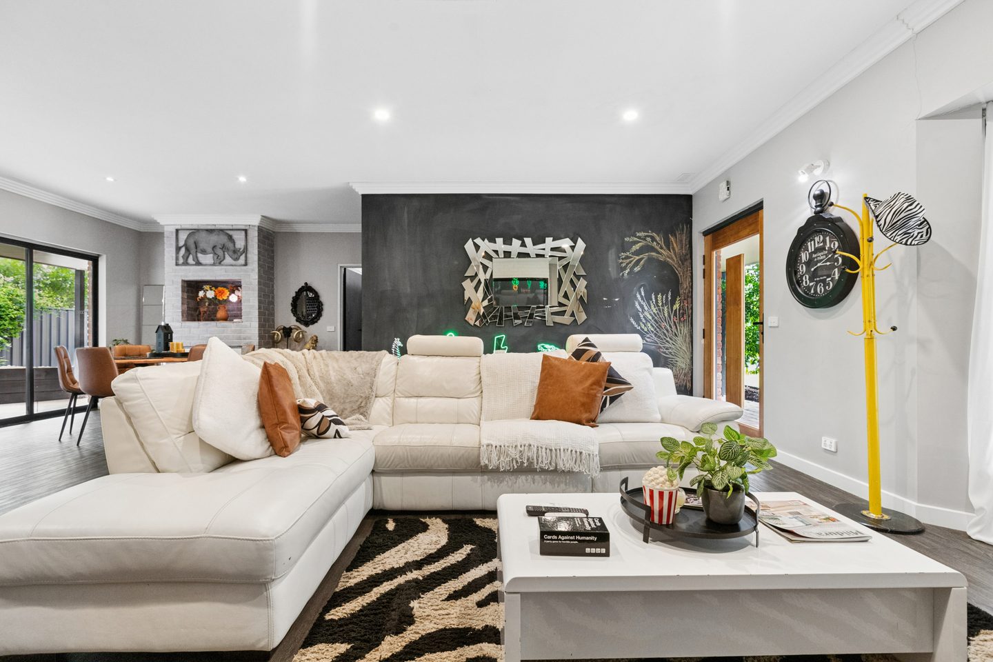 Living area and dark feature wall