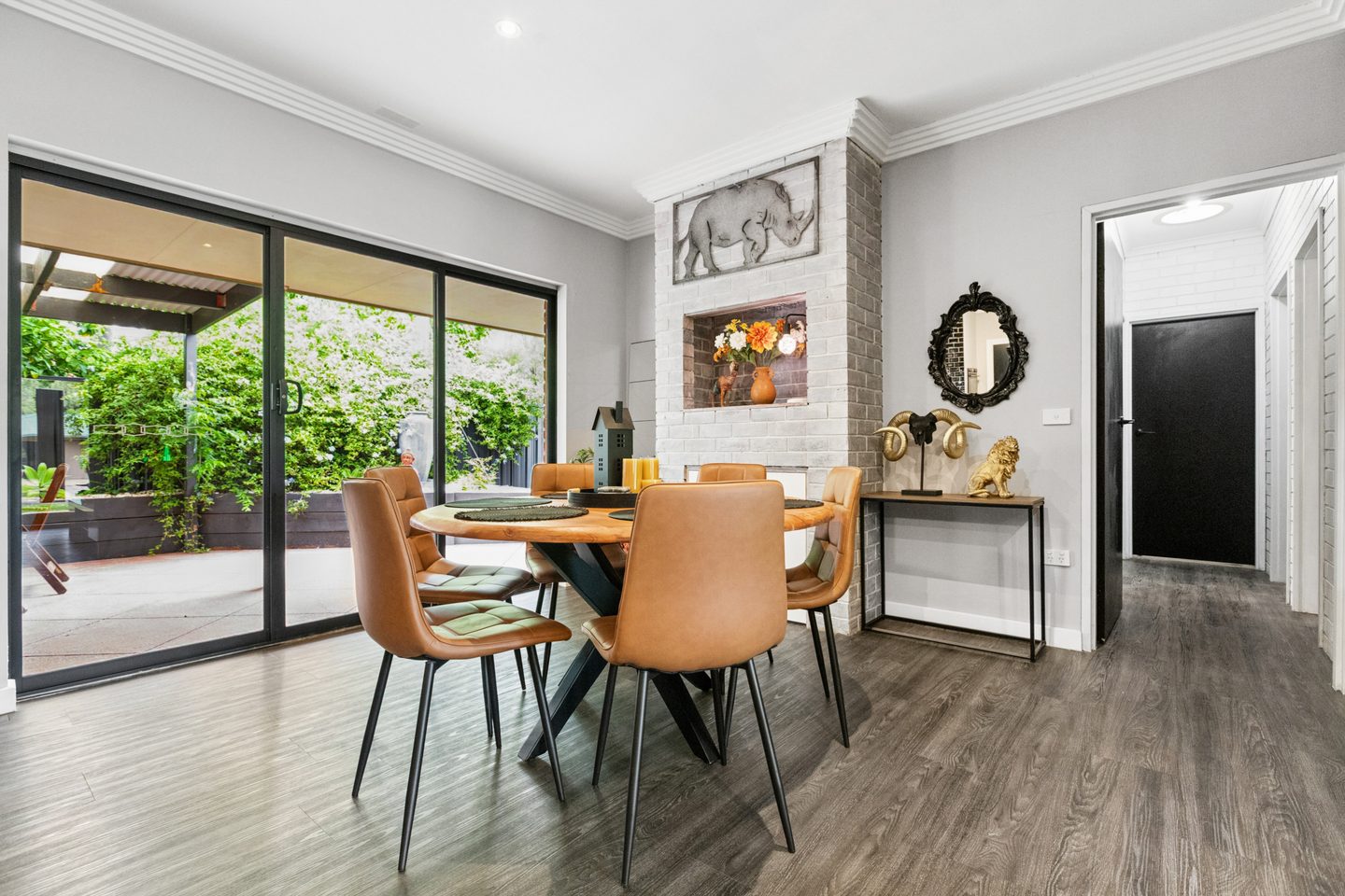 Dining area beside the sliding patio doors